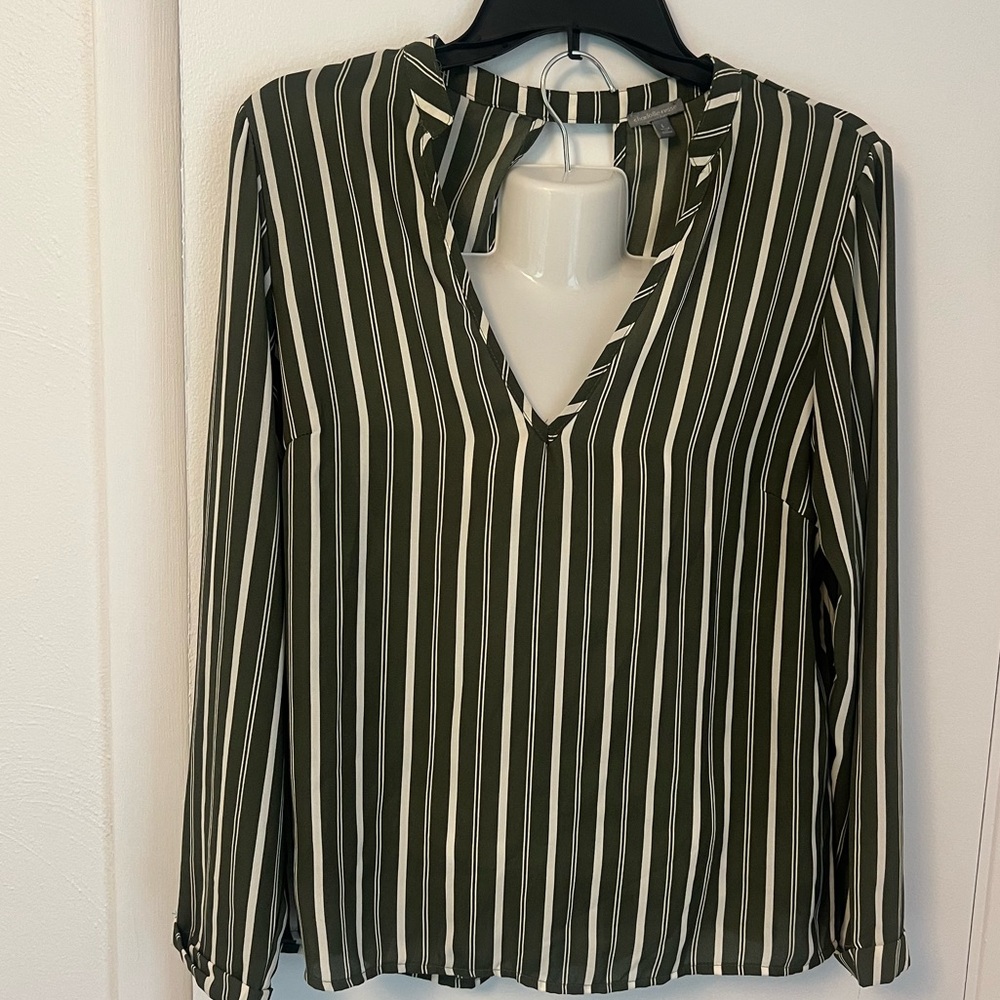 Striped V-Neck Blouse - Green and White
